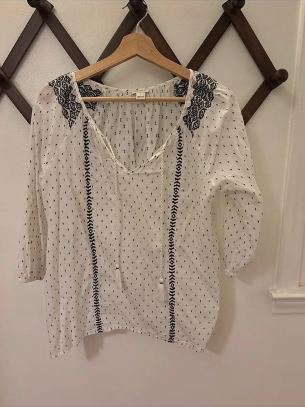 J. Crew White Peasant Blouse with Navy Embroidery